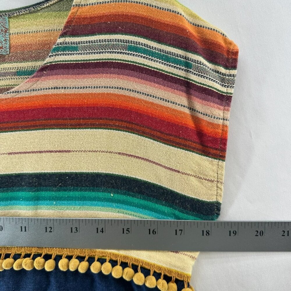 Silverado Southwestern Top Womens XS Boho Piper Pom Pom Trim Serape Striped Blue - Picture 7 of 9